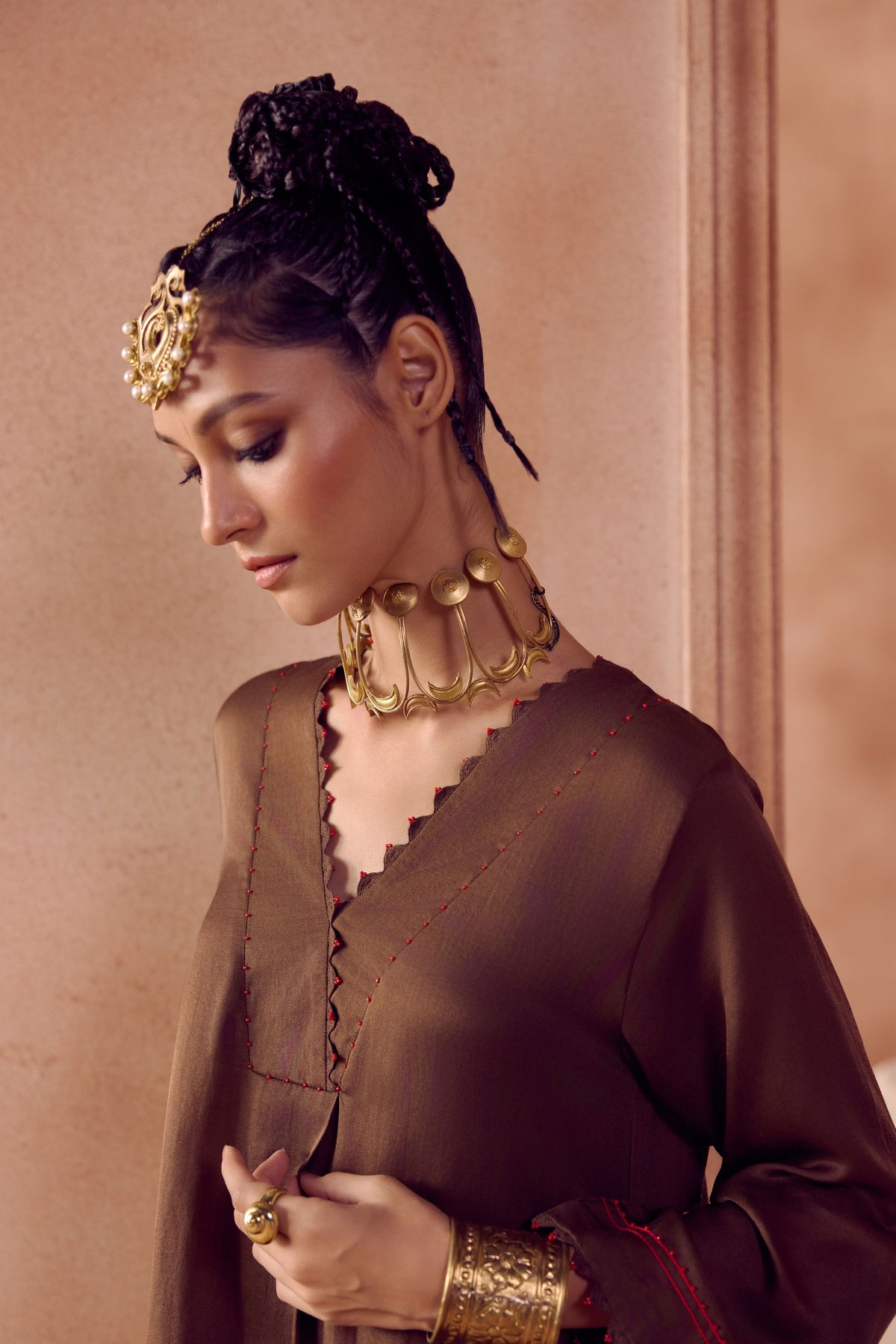 Brown Box Pleated Pants Kurta Set