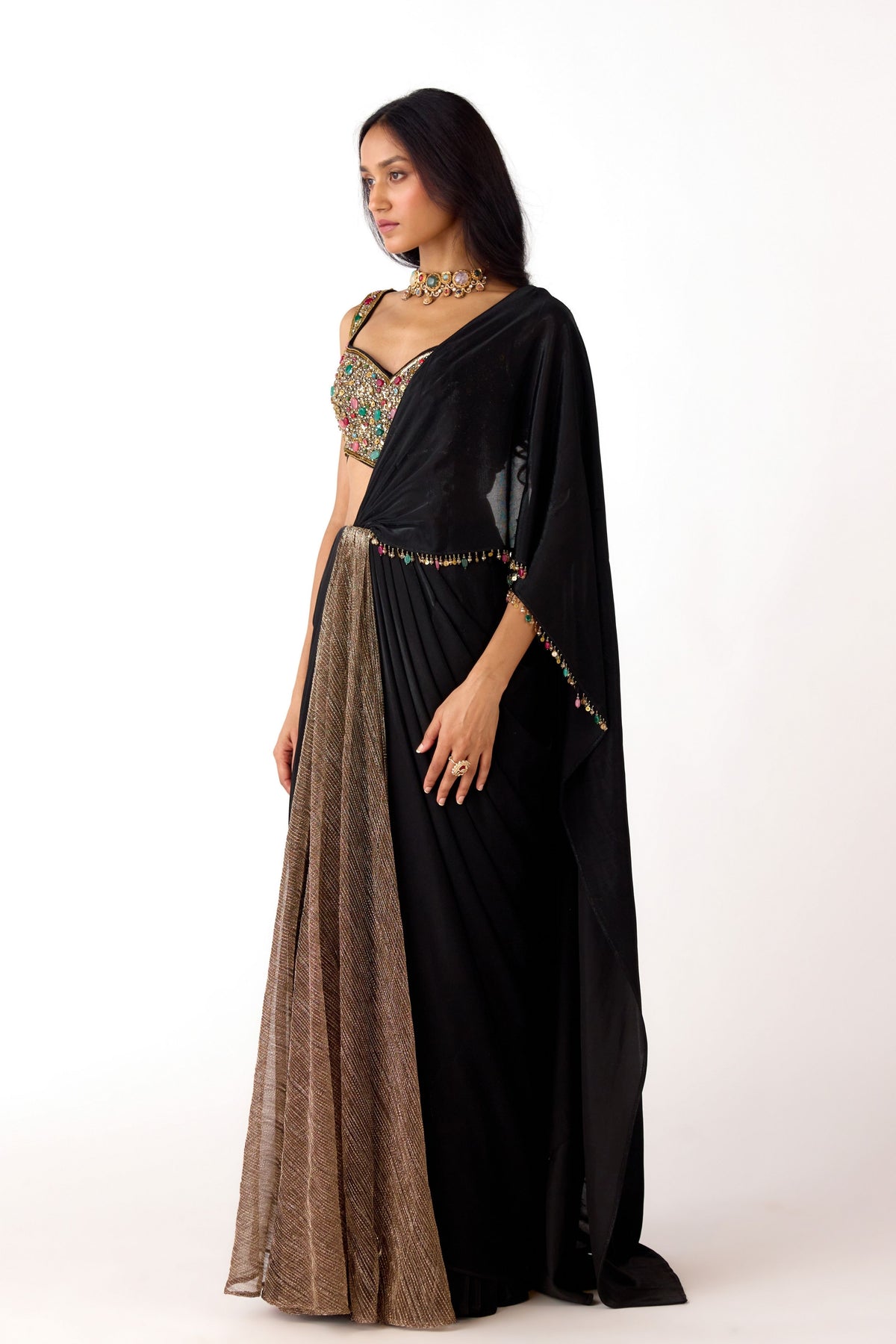 Shimmer Black Draped Saree Set