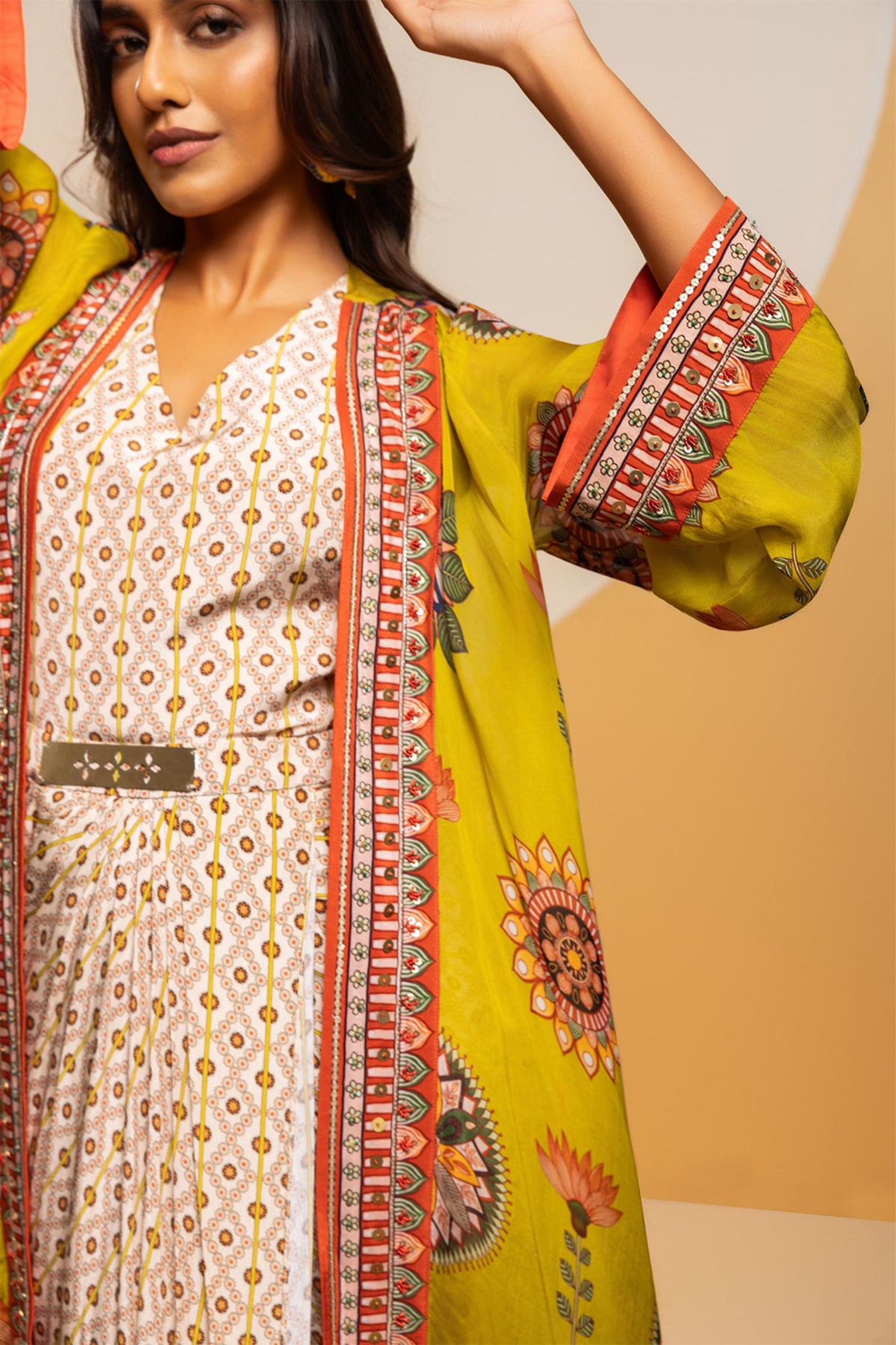Multicolor Embellished Drape Dress Set