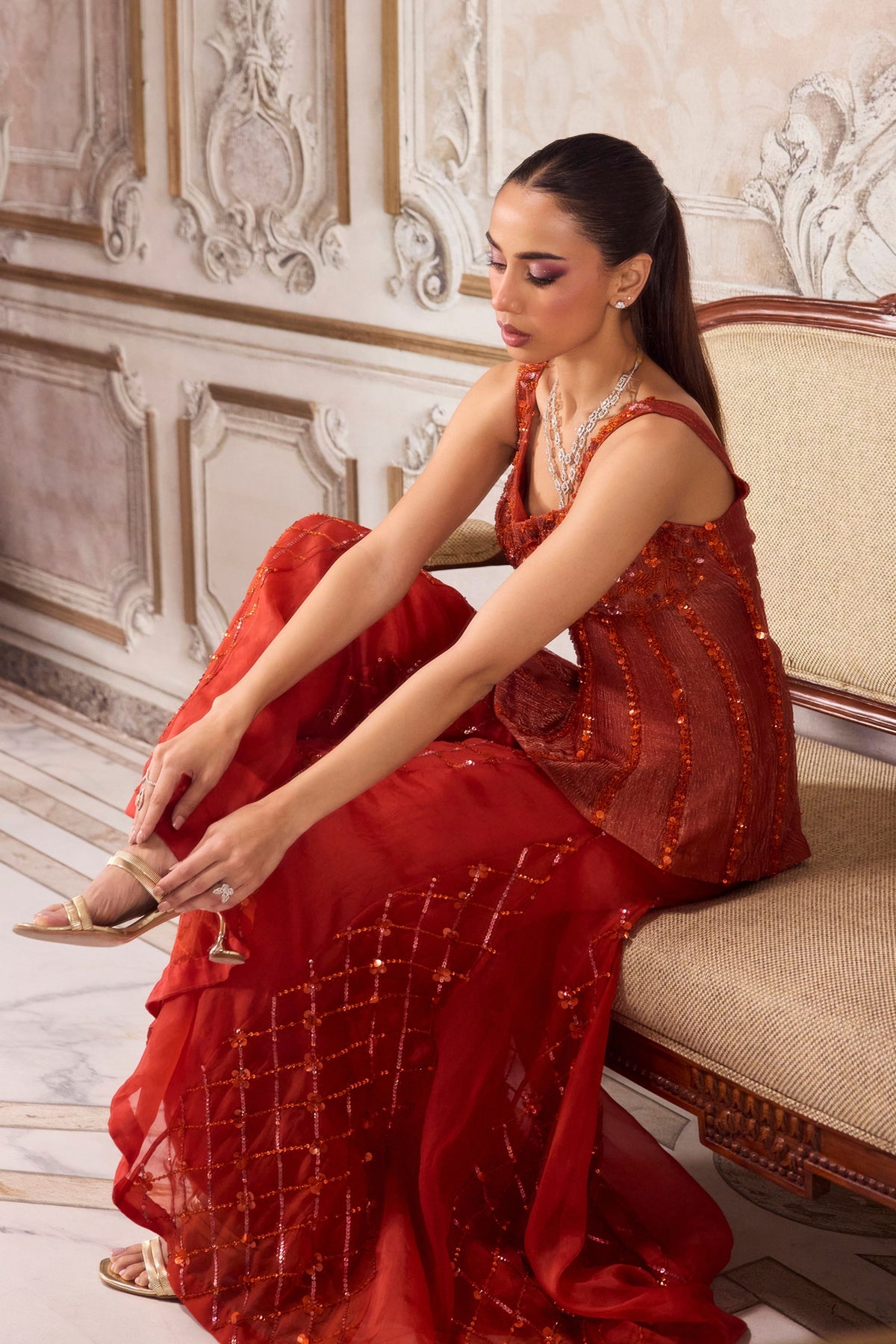 Rust Organza Sharara Set