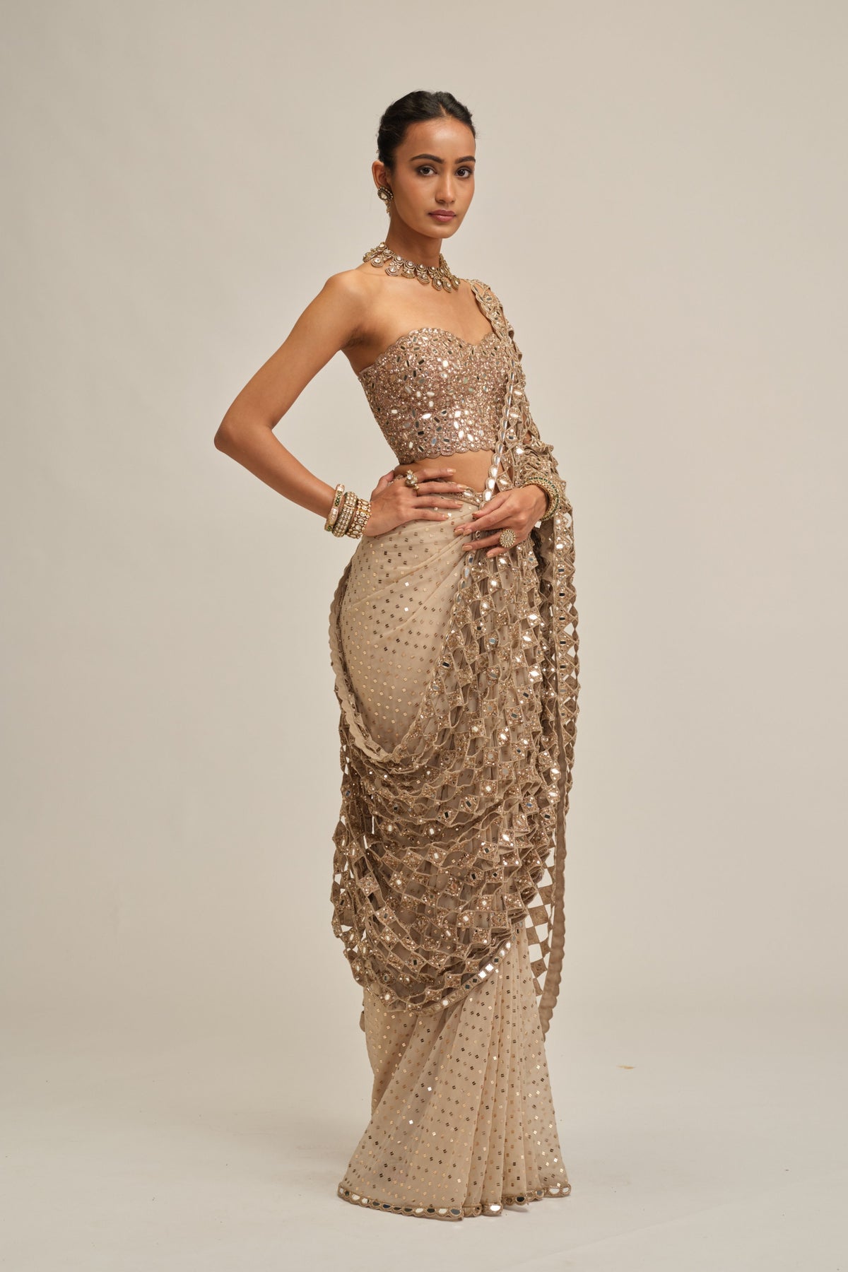 Modern Beige Saree Set