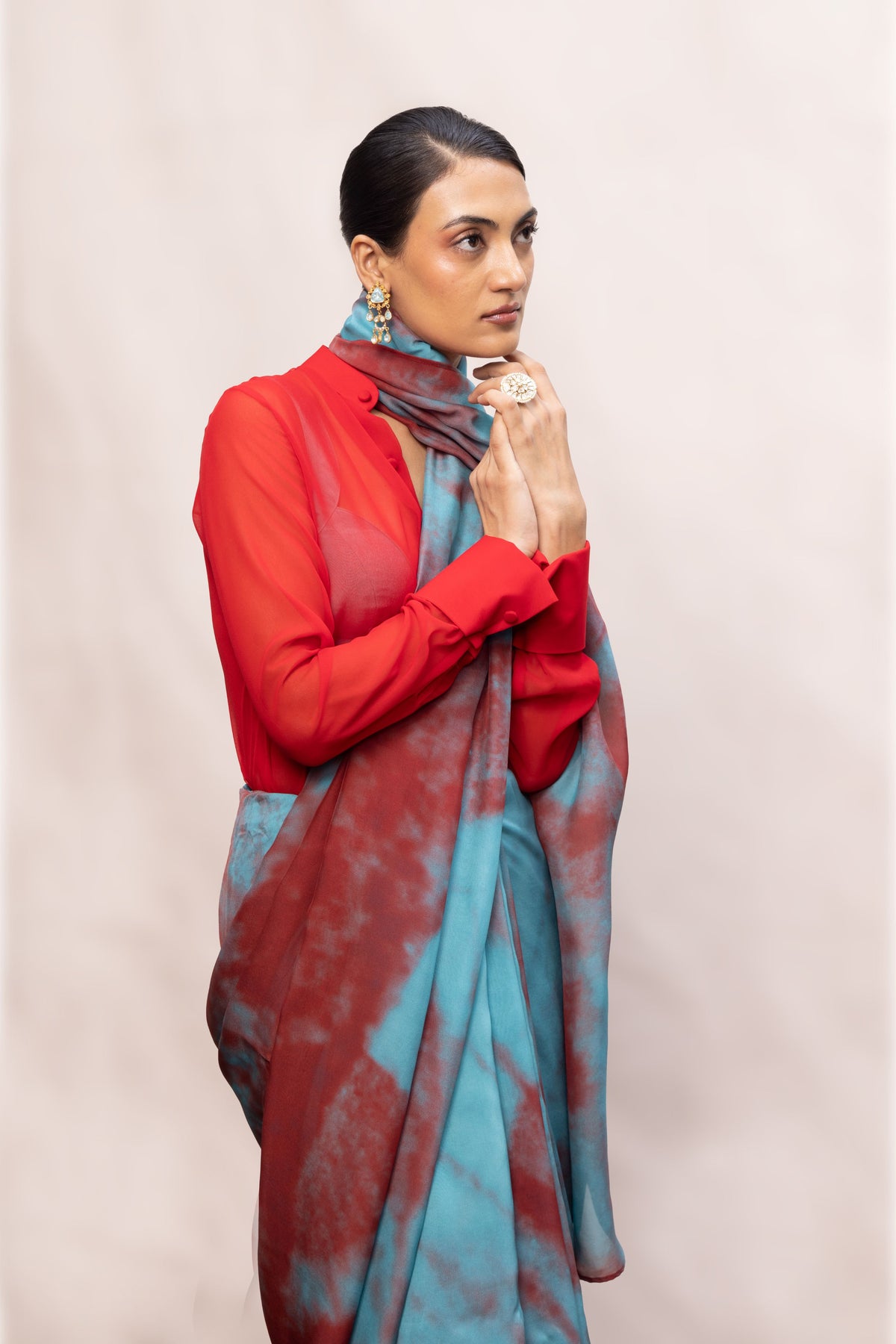 Red Brush Stroke chiffon Saree