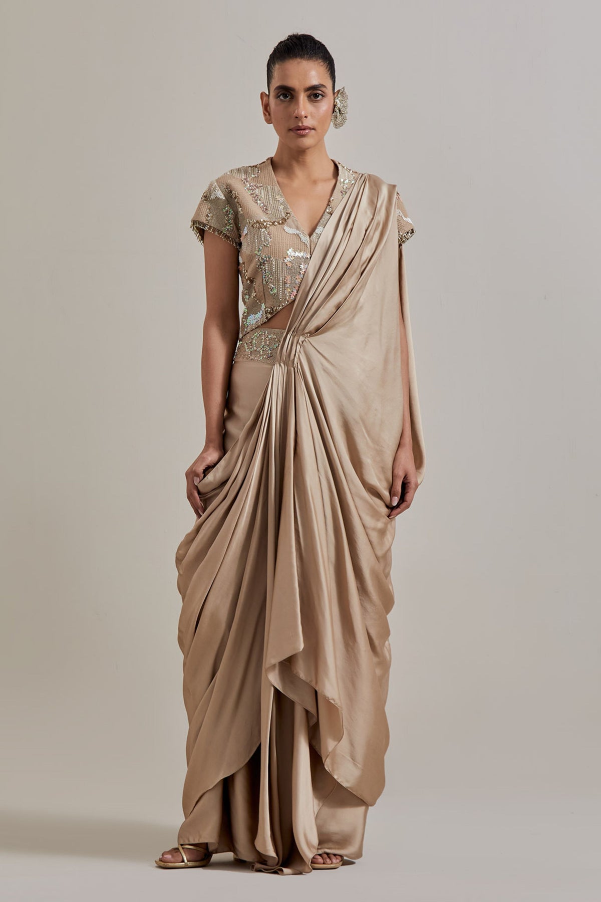 Champagne Drape Saree Set