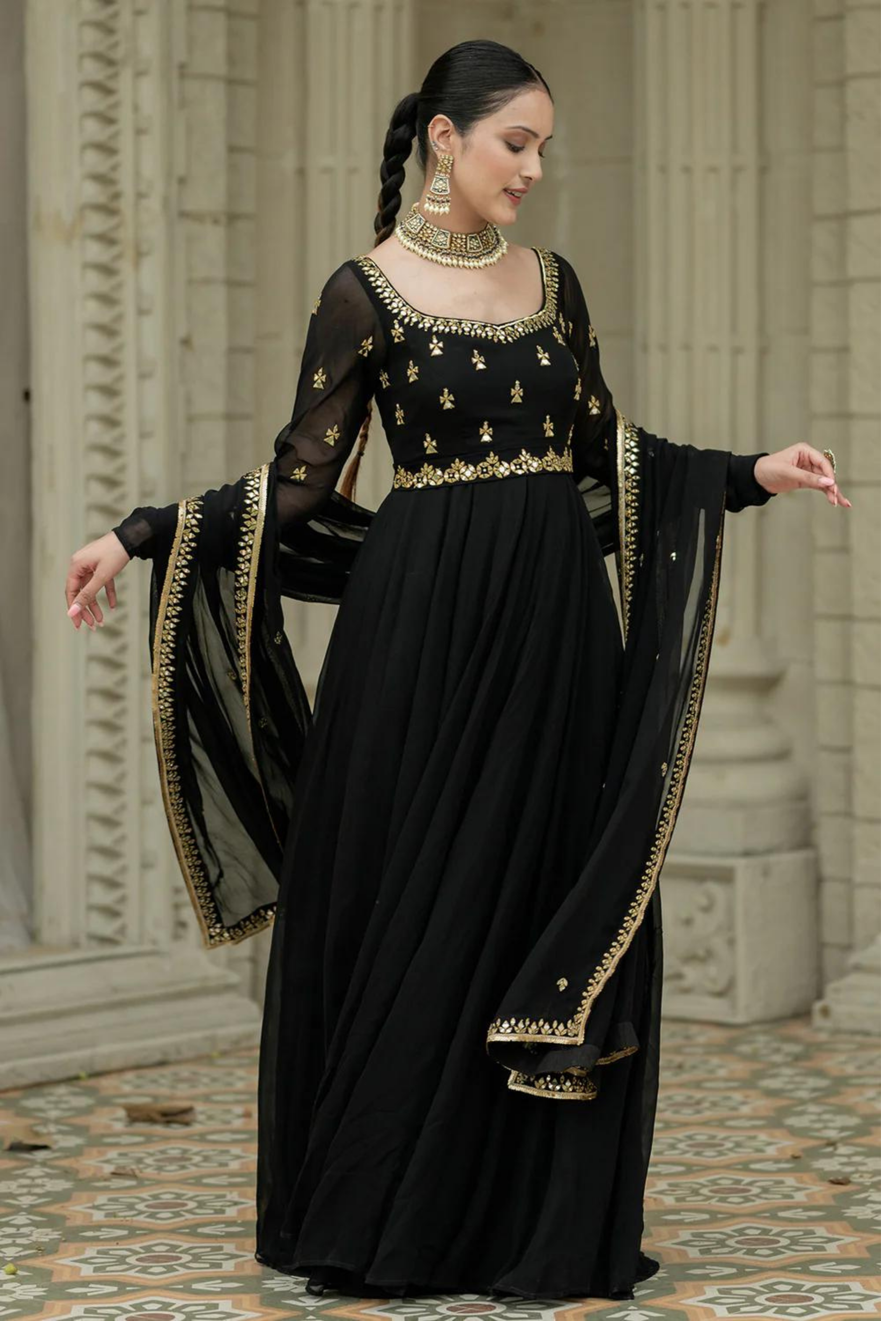 black anarkali dress Esha Koul YGroup_colourway-riles Side-Sash Long Satin Formal Full Sleeves Fit Type Size:Child-5