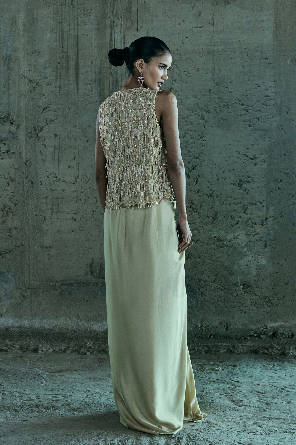 Beige Crystal Cutowk Top With Skirt