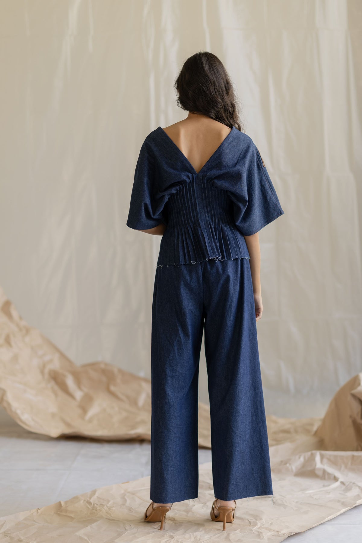 Dark Blue Wasit Pleated Top