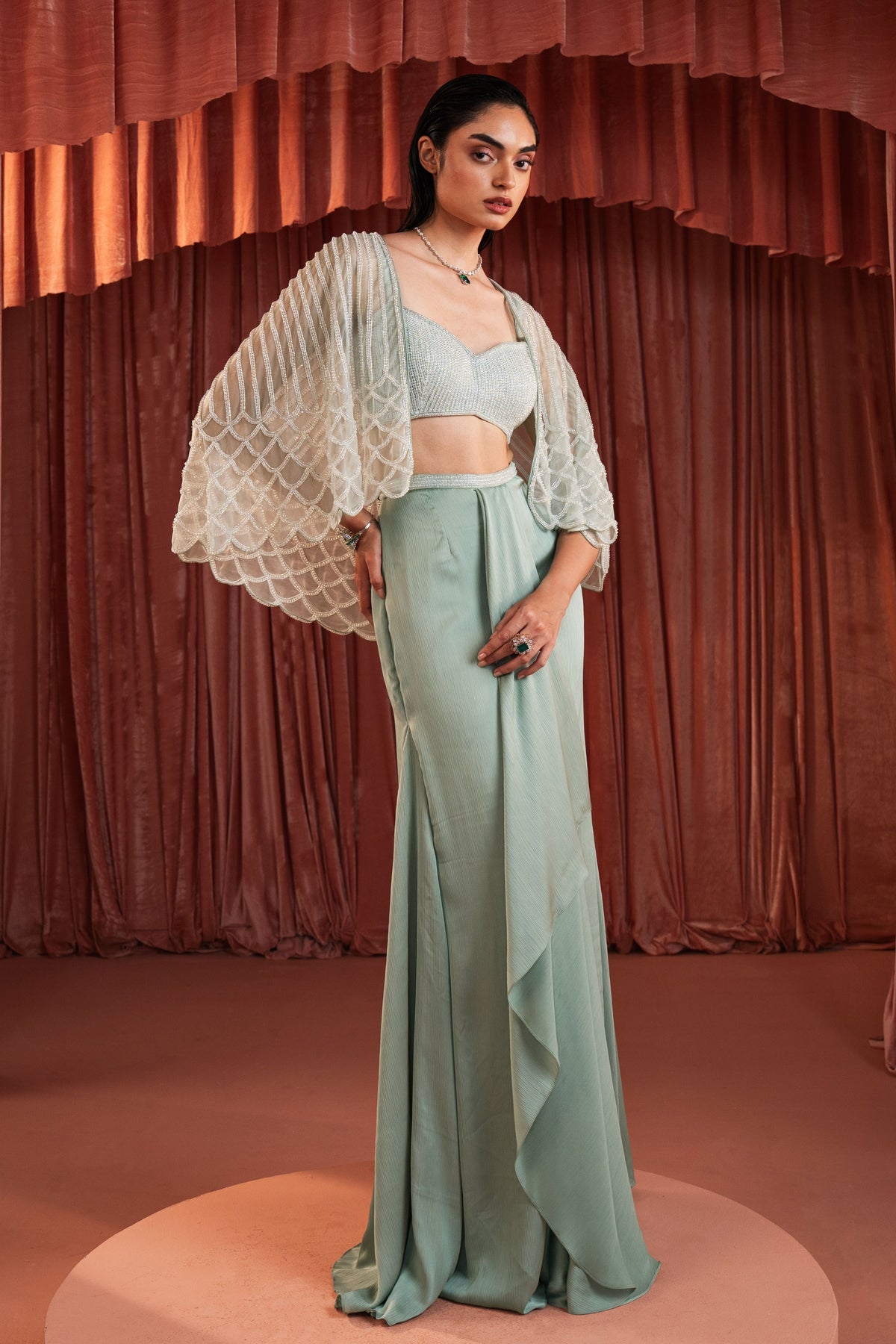 Sea Green Beaded Cape Set