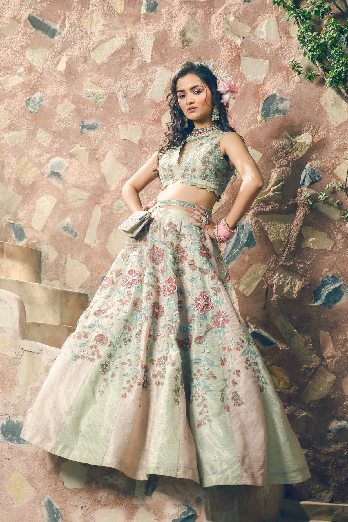Spring Green and Melon Lehenga Set