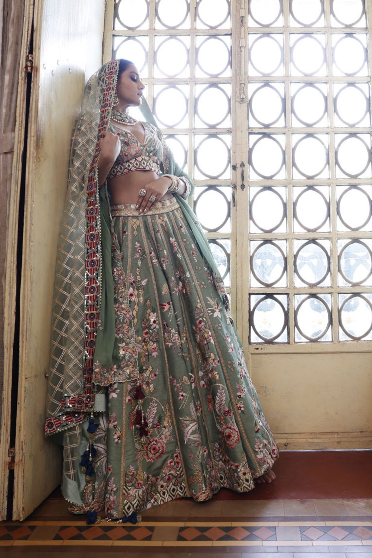 Sage Lehenga, Choli and Dupatta