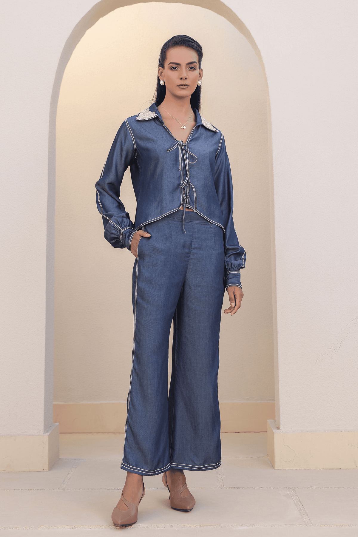 Azure Tie - up Co-ord Set in Dark Blue