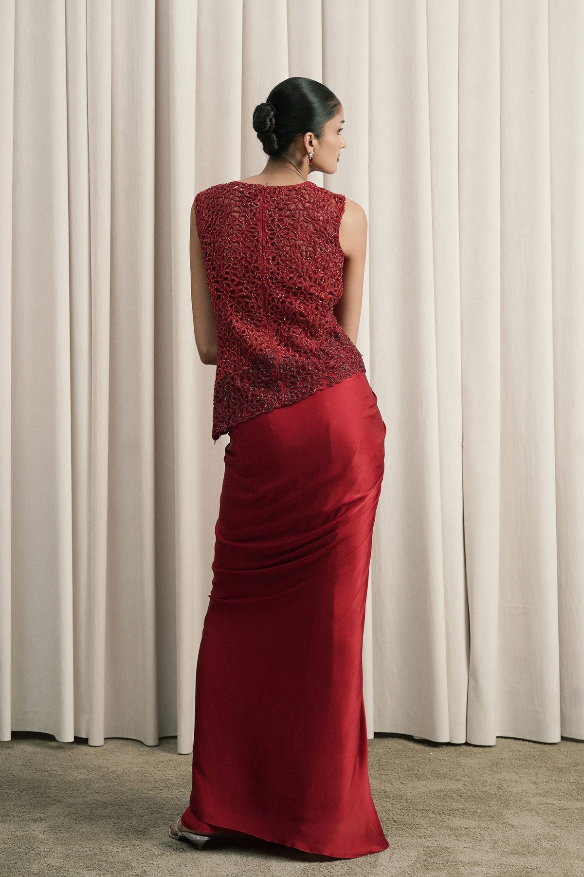 Red Stonework Draped Skirt Set