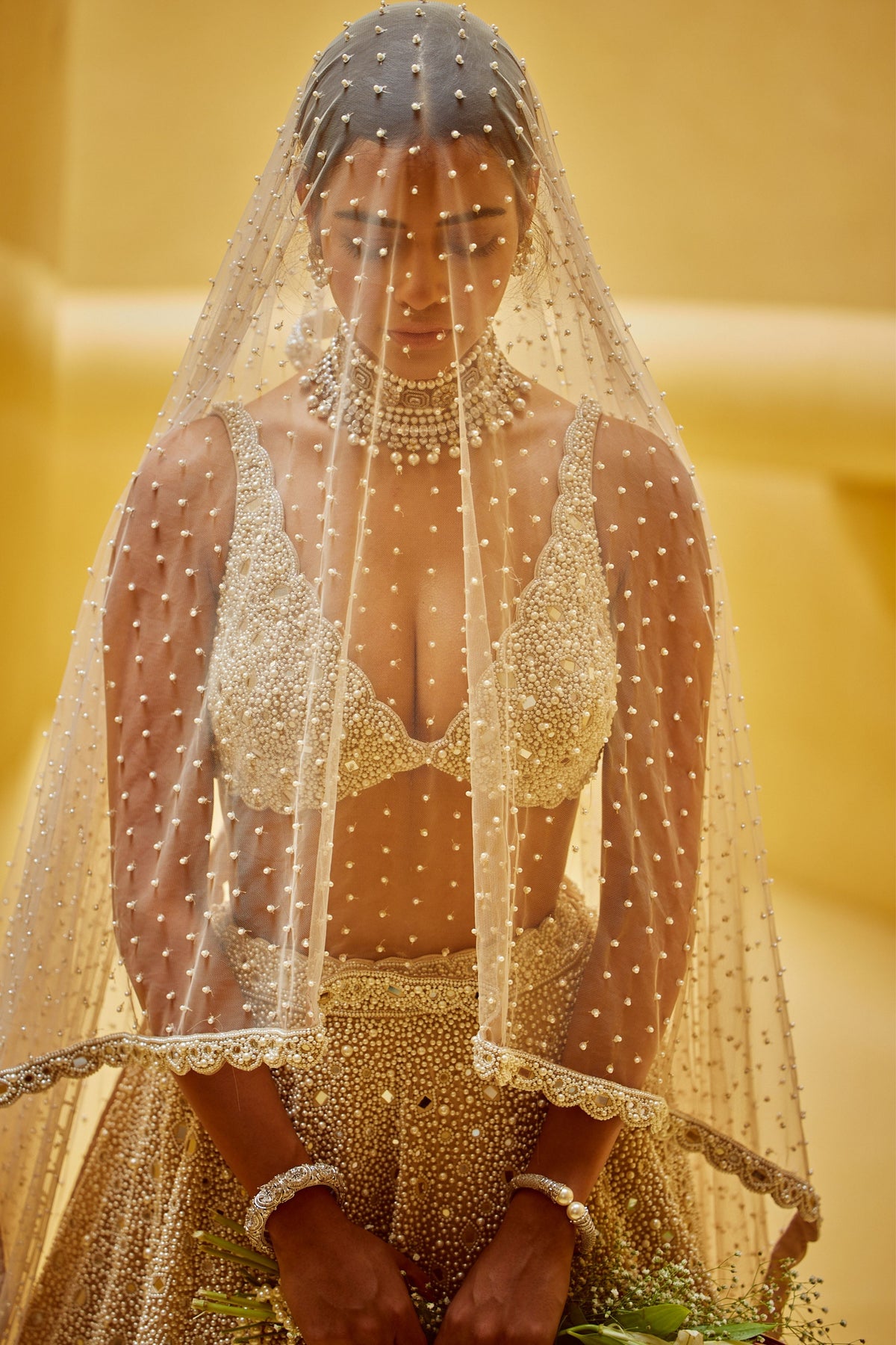 Light Beige Lehenga Set With Veil