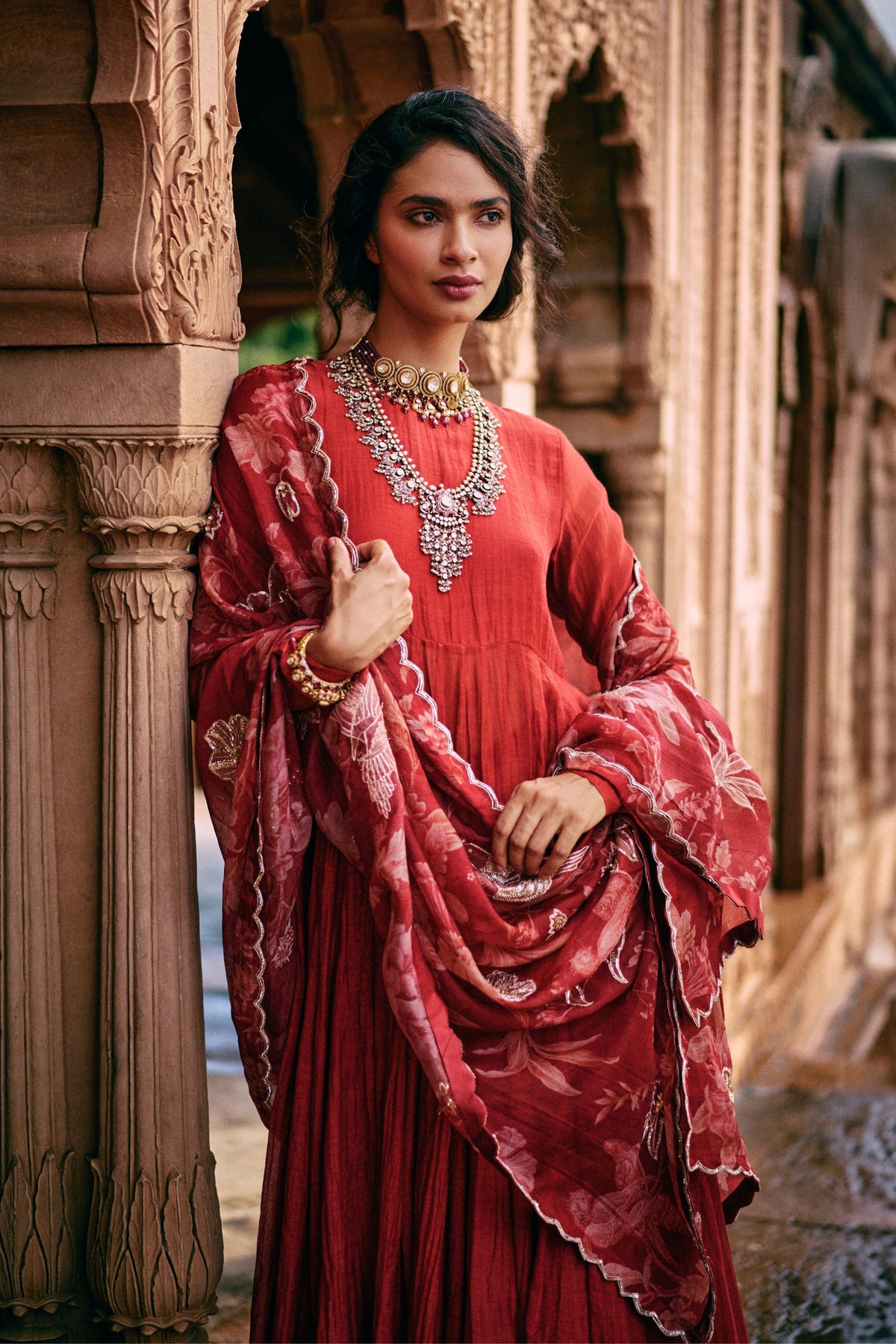 Embroidered Floral Red Anarkali Set