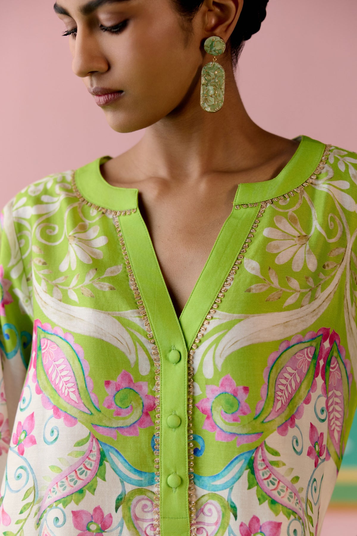 Lime Green Paisley V-neck Kurta Set