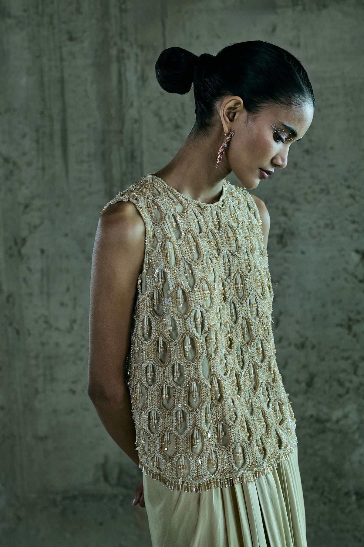 Beige Crystal Cutowk Top With Skirt