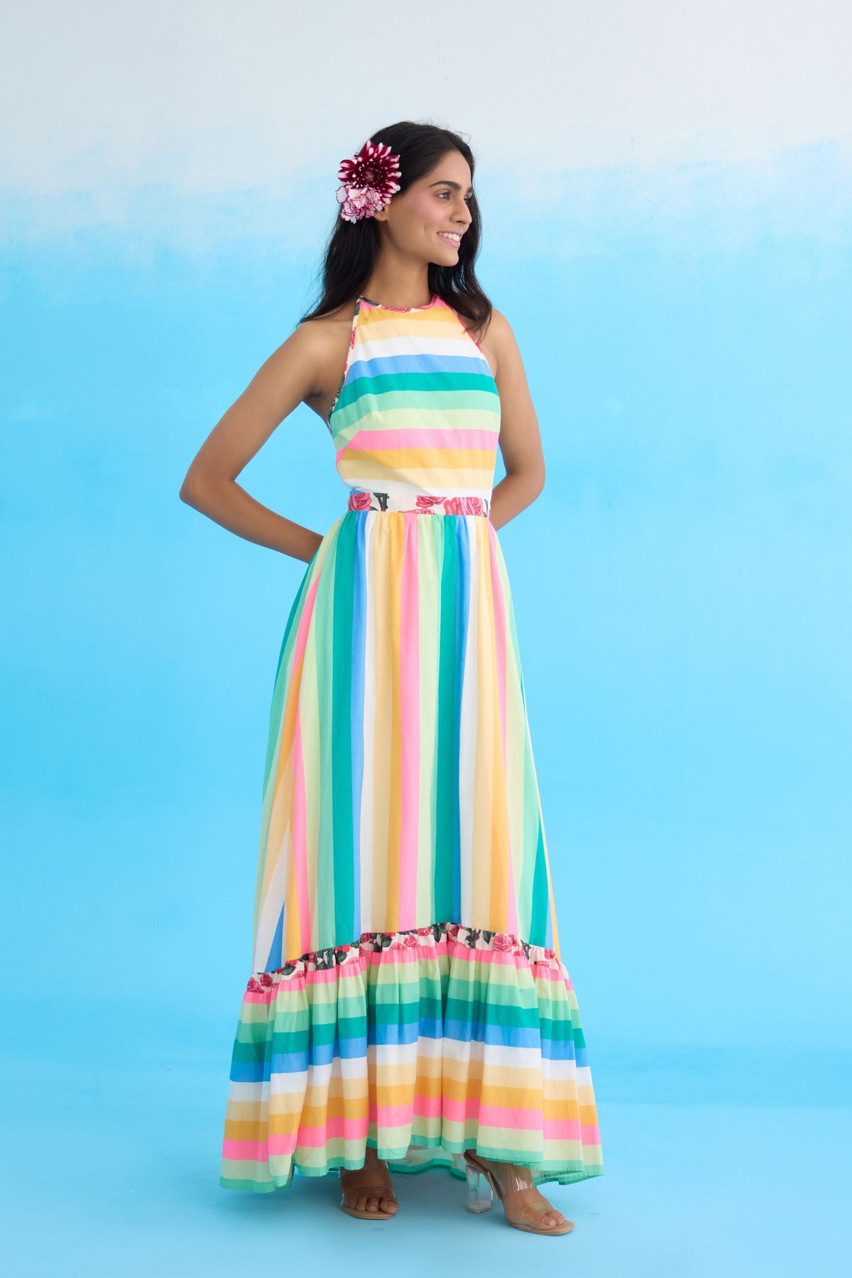 Rainbow Stripes Halter Maxi Dress