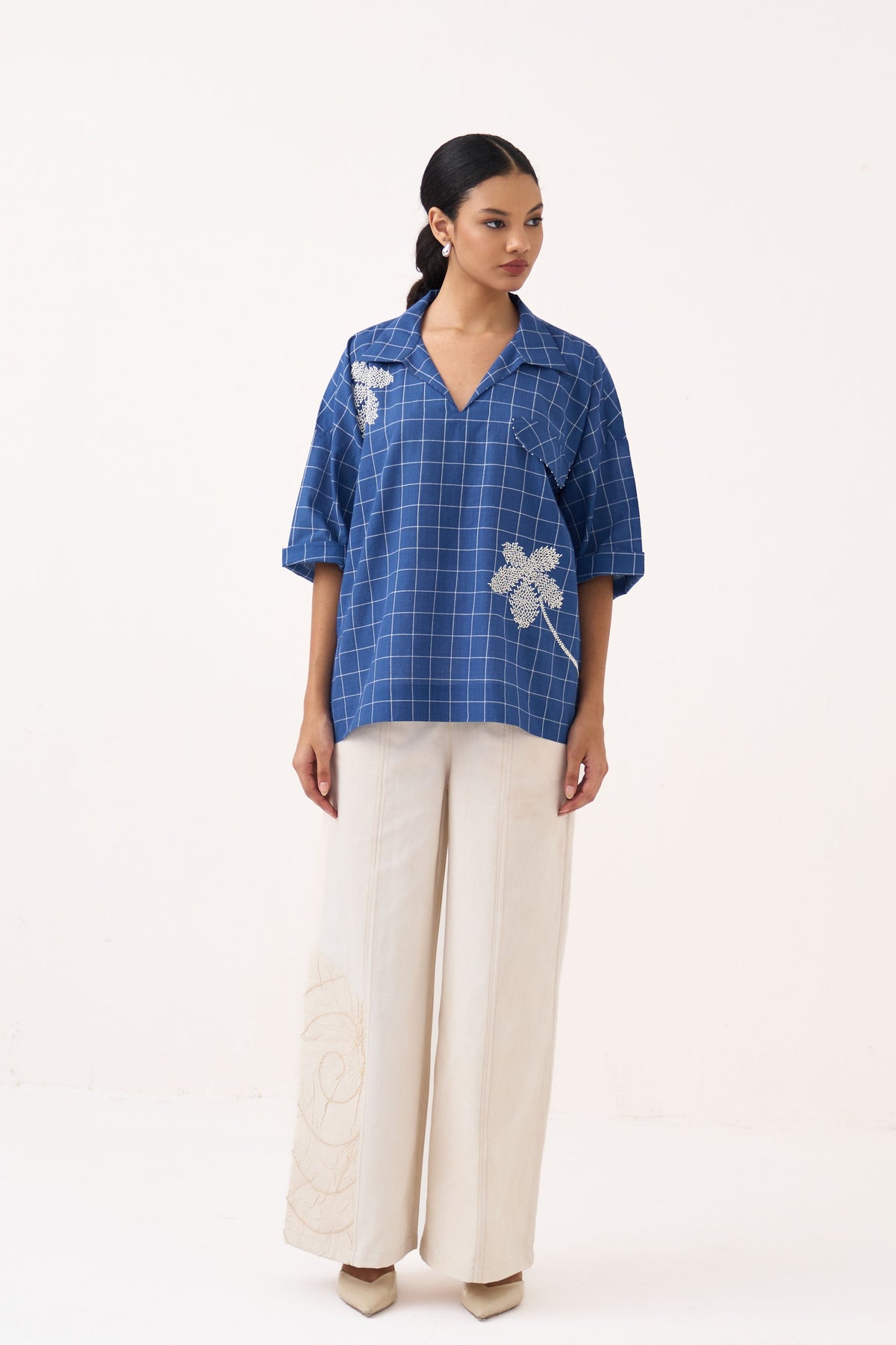 Embroidered V Neck Top