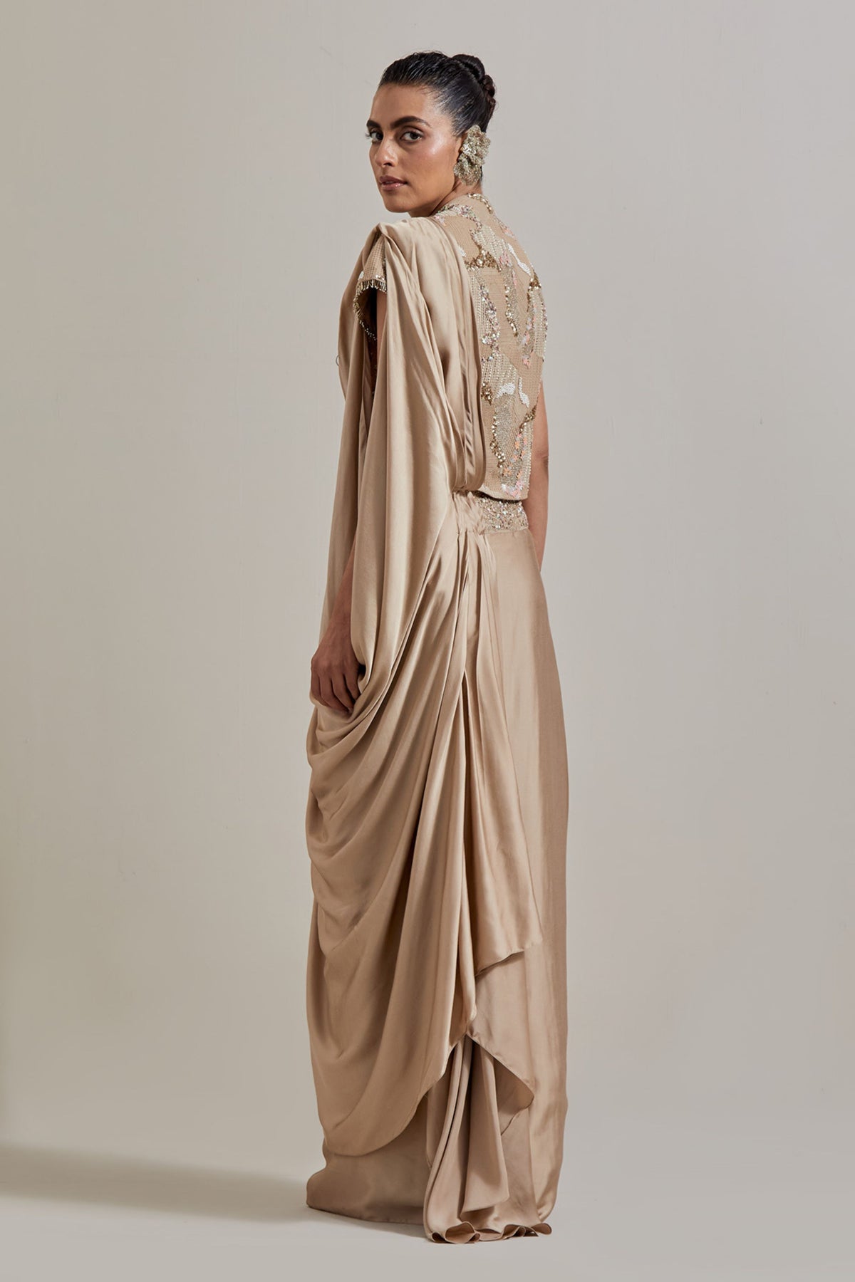 Champagne Drape Saree Set