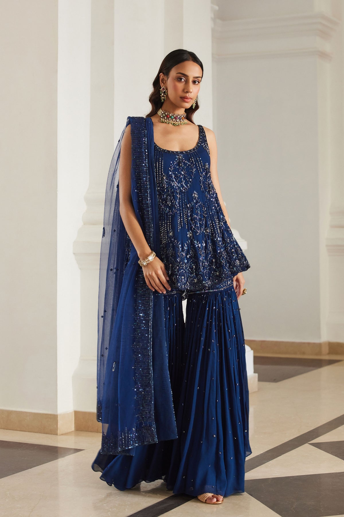 Teal Blue Biased Kurta With Sharara