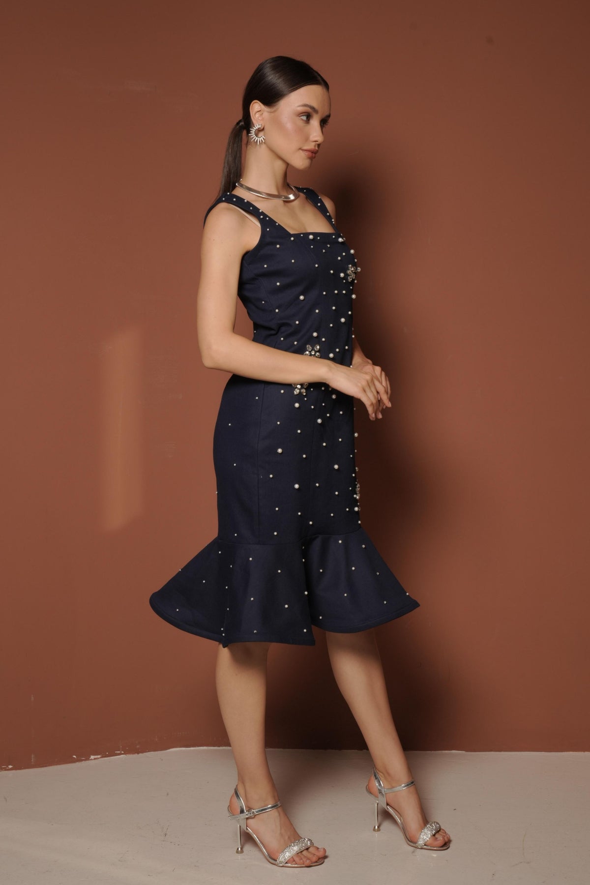 Denim Dress With Peplum Hem