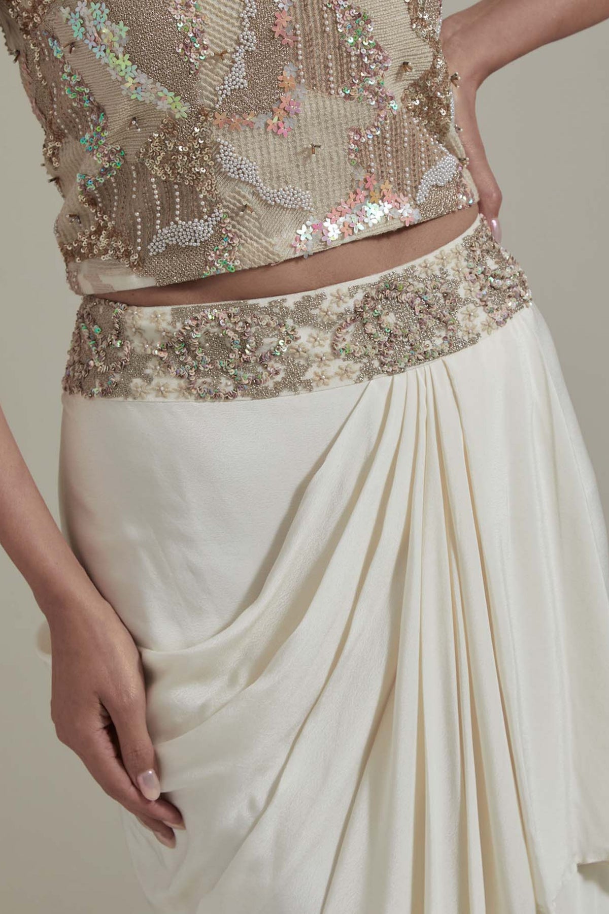 Ivory Embellished Drape Skirt Set