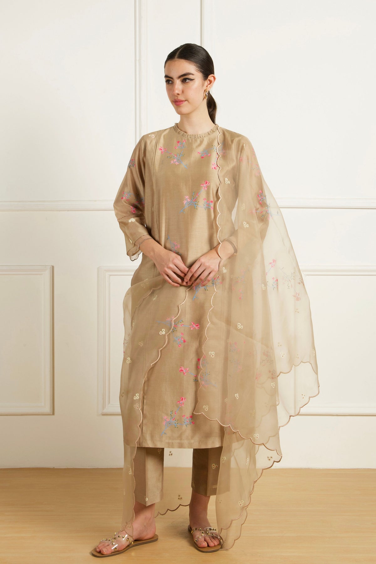 Beige Front Pleats Kurta Set