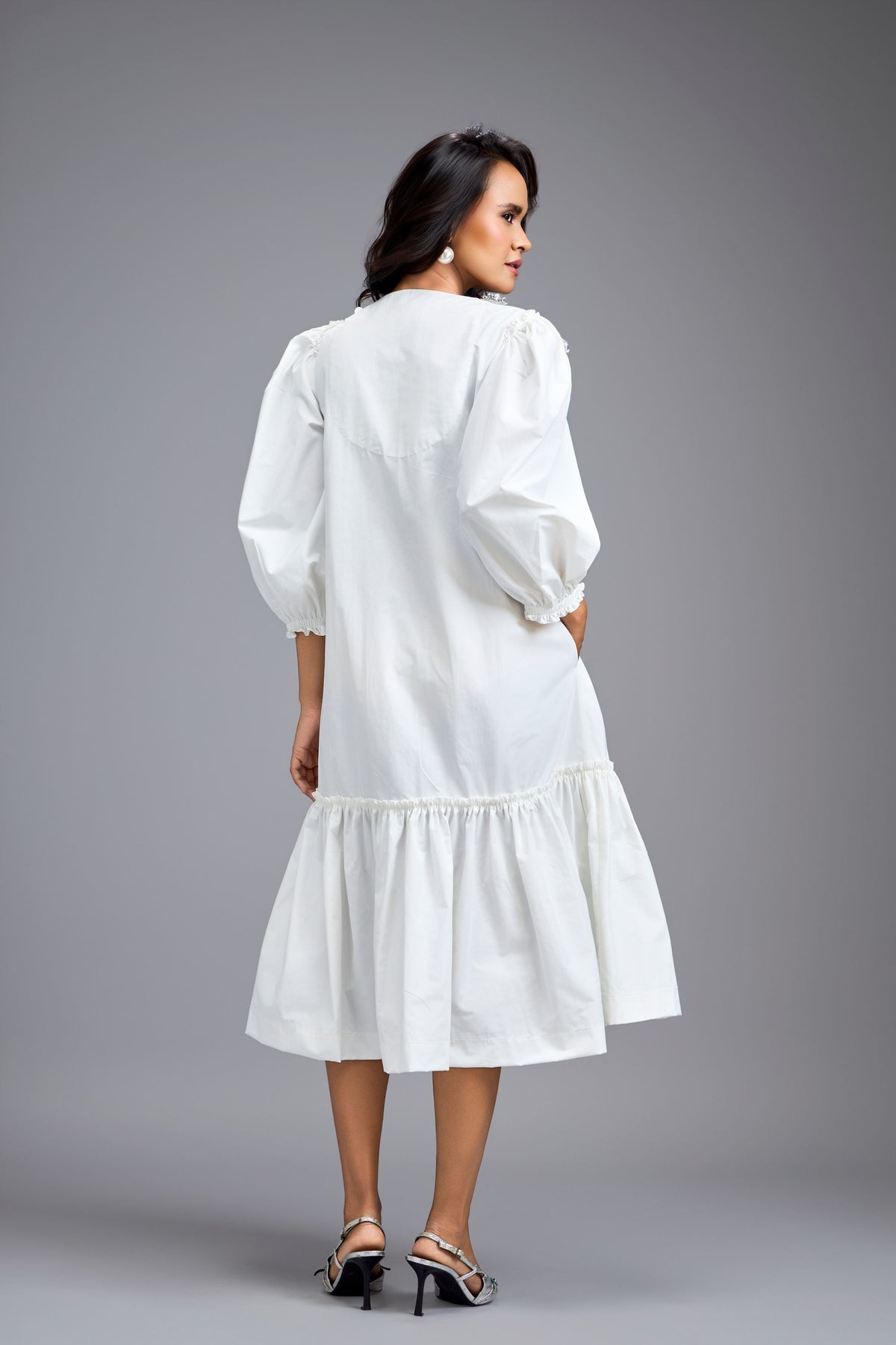 Long Gathered White Embellished  Dress