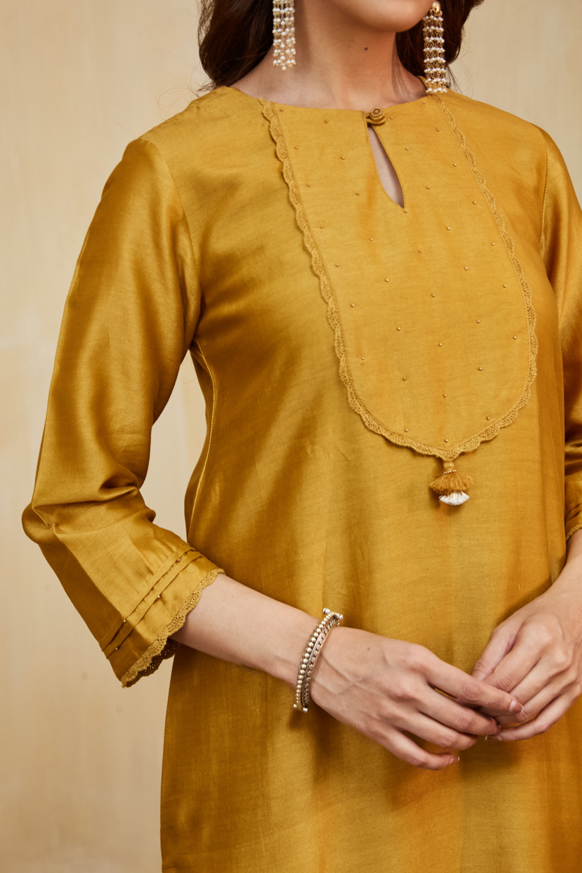Mustard Nora Kurta With Lace Detail