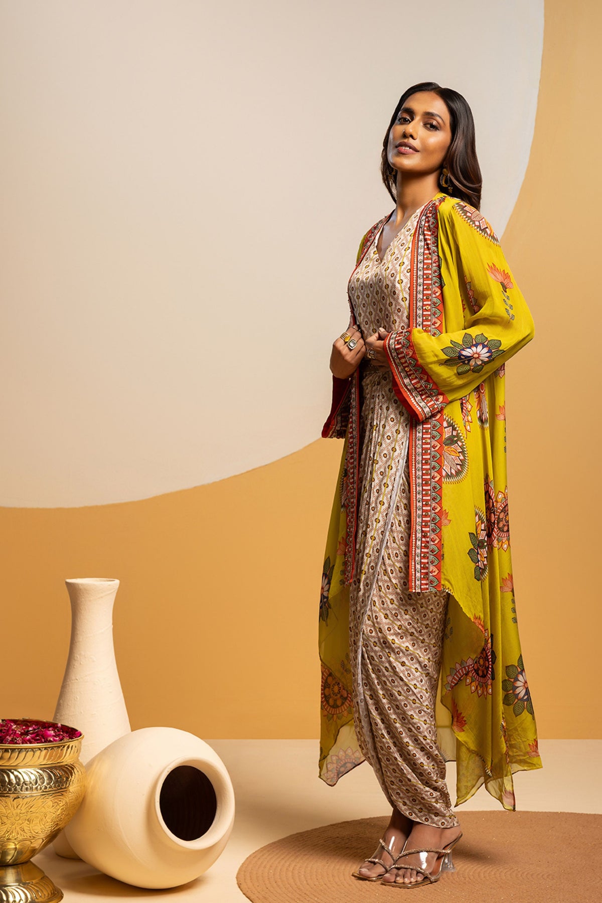 Multicolor Embellished Drape Dress Set