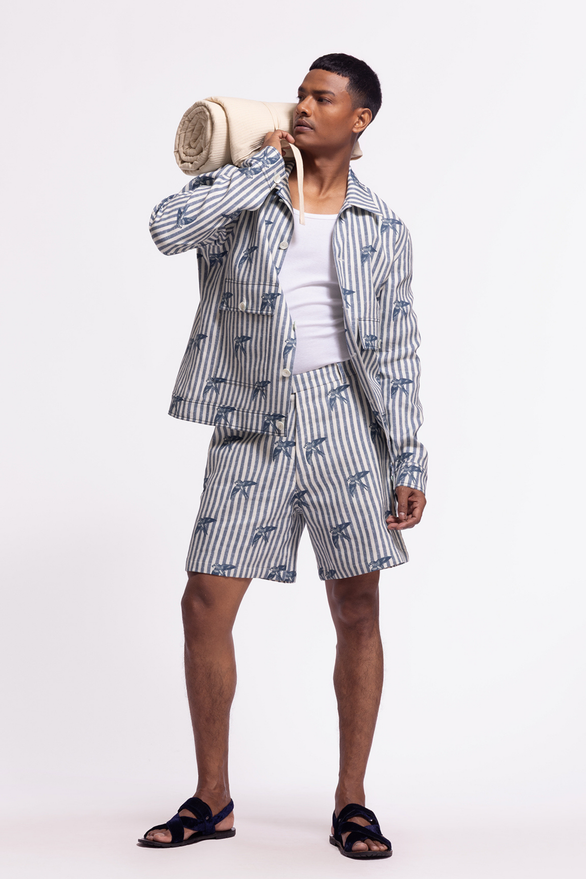Ivory Stripped &amp; Bird Printed Jacket