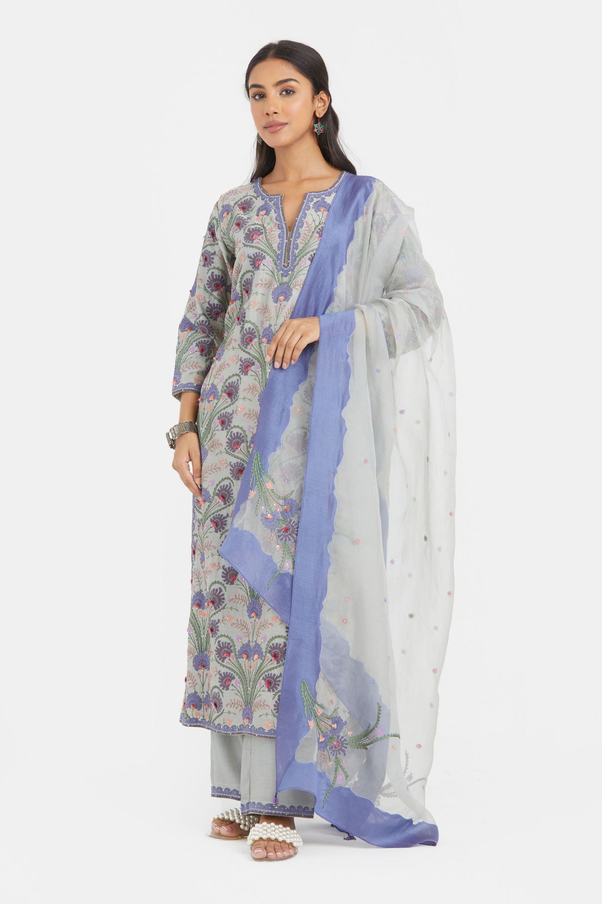 Appliqué Floral Bluish Grey Kurta