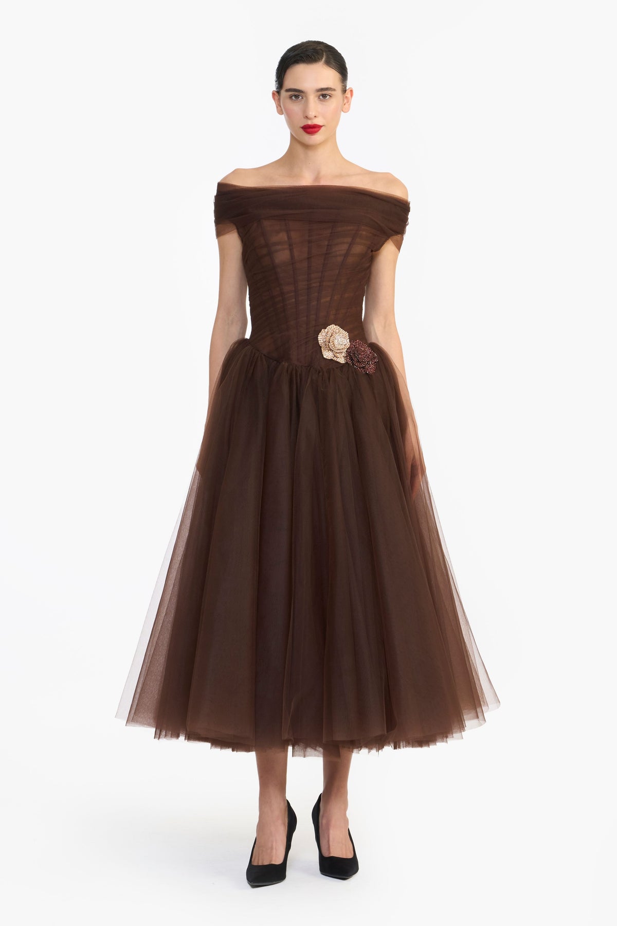 Off Shoulder Draped Tulle Midi