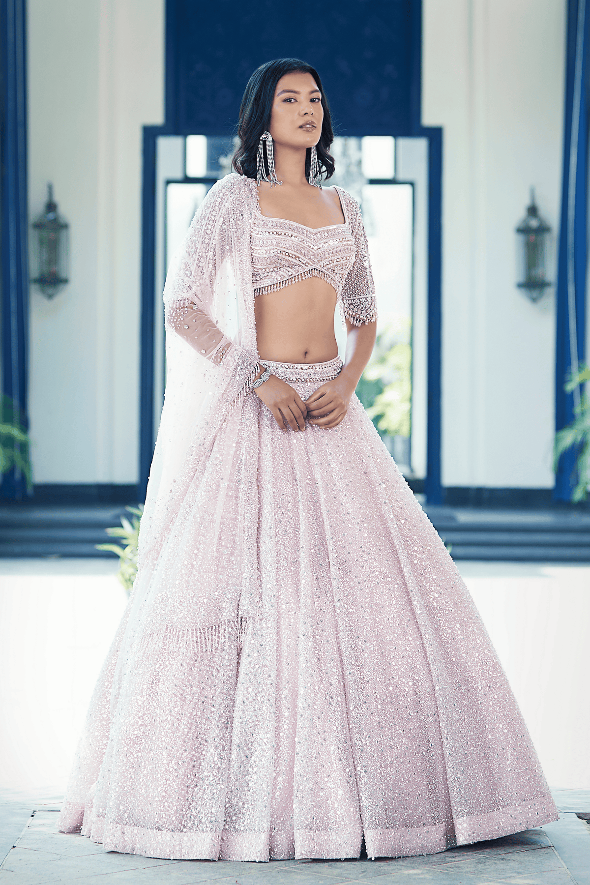 Pink Net Embroidered Lehenga Set