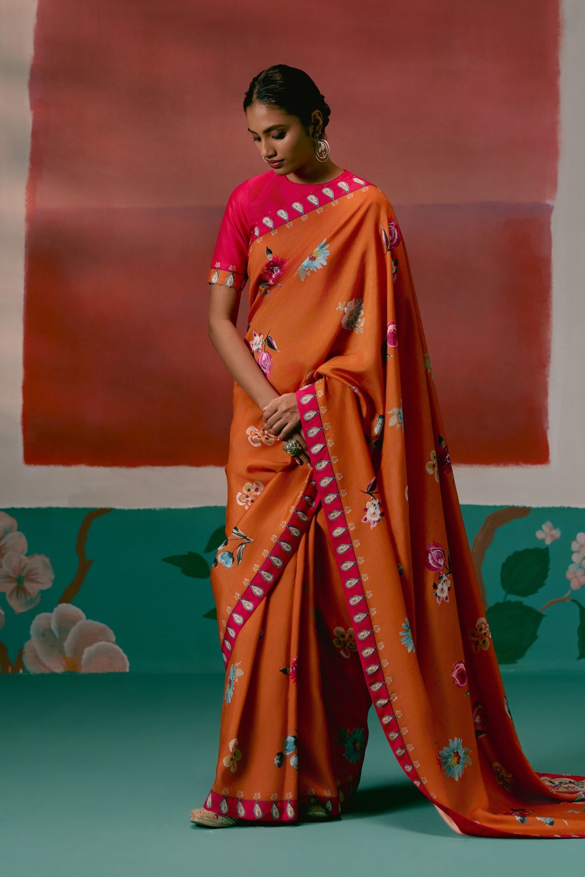 Tangerine and Fuschia Floral Saree