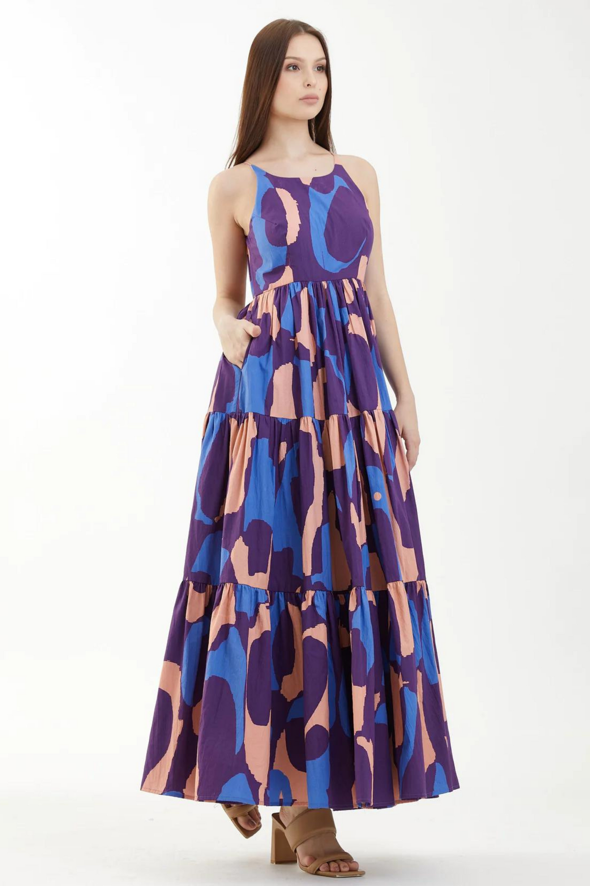 Blue, Orange And Indigo Sleeveless Three Tier Dress