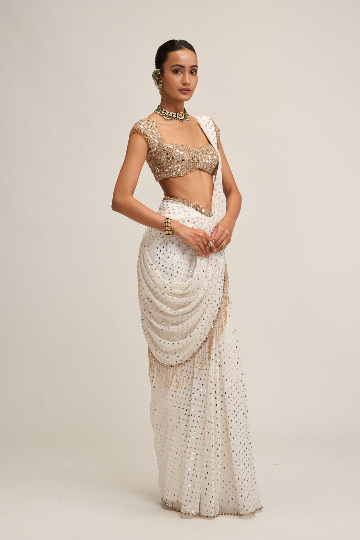 Off White Draped Saree Set