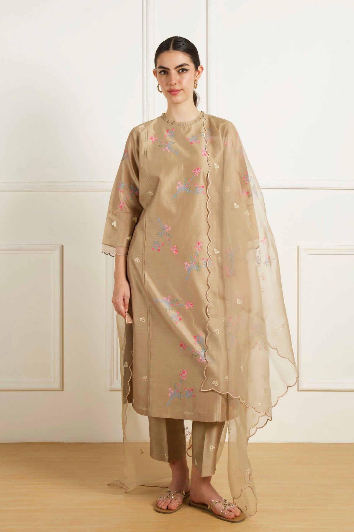 Beige Front Pleats Kurta Set