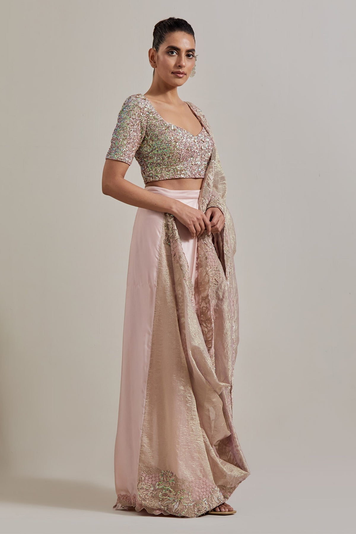 Pink Glimmer Drape Saree Set
