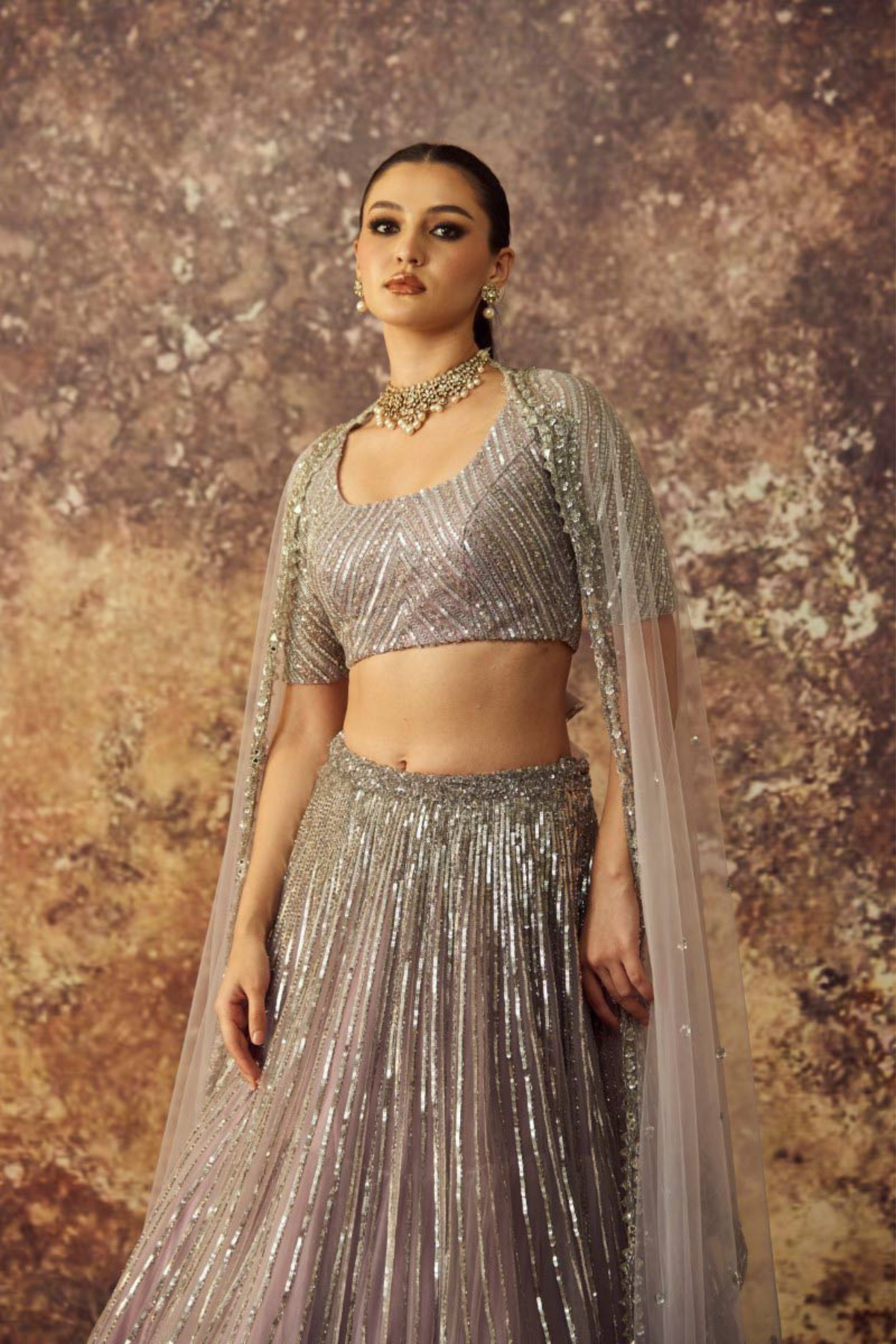 Lilac Tulle Lines Lehenga Set