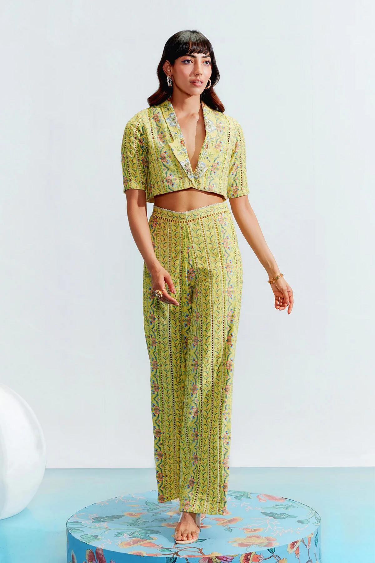 Iara Yellow Embroidered Pant Set