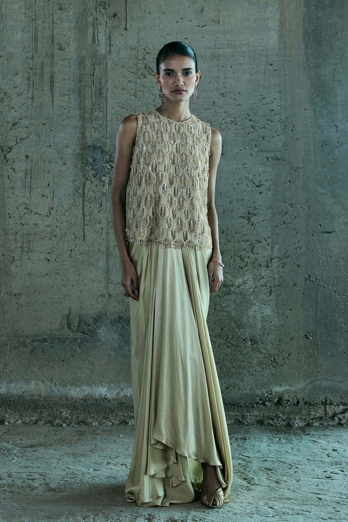 Beige Crystal Cutowk Top With Skirt