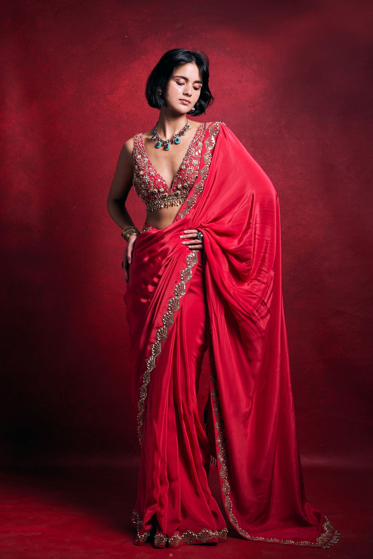Fuchsia Pink Crepe Saree