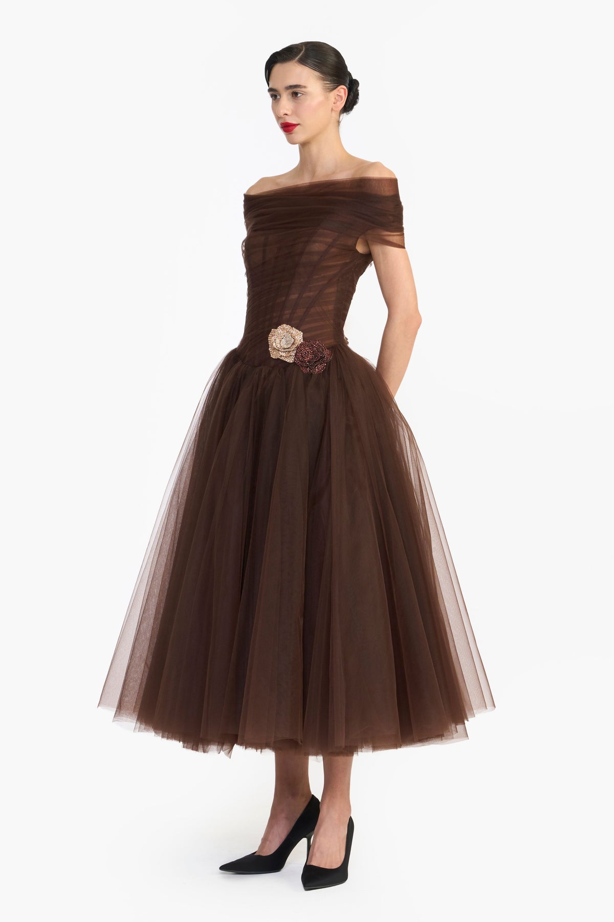 Off Shoulder Draped Tulle Midi