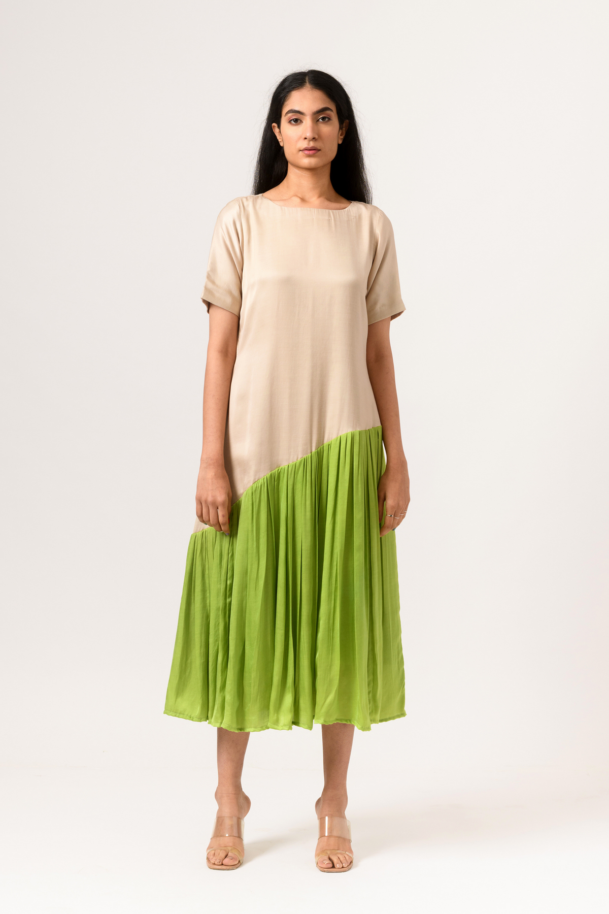Ecru green gather dress