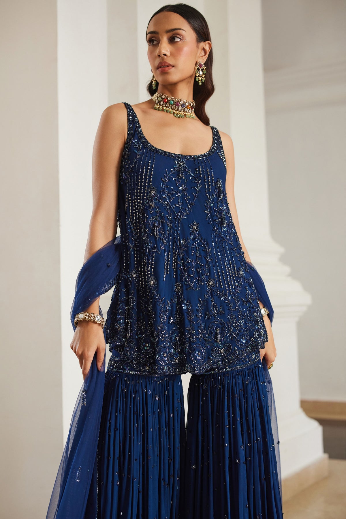 Teal Blue Biased Kurta With Sharara