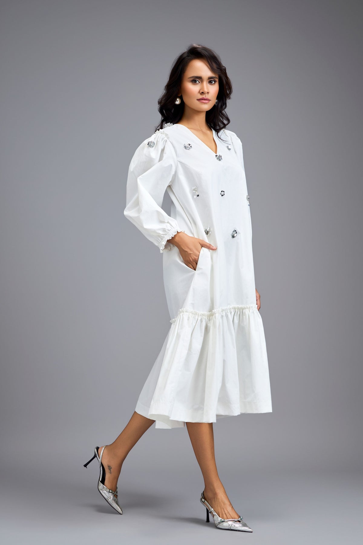 Long Gathered White Embellished  Dress