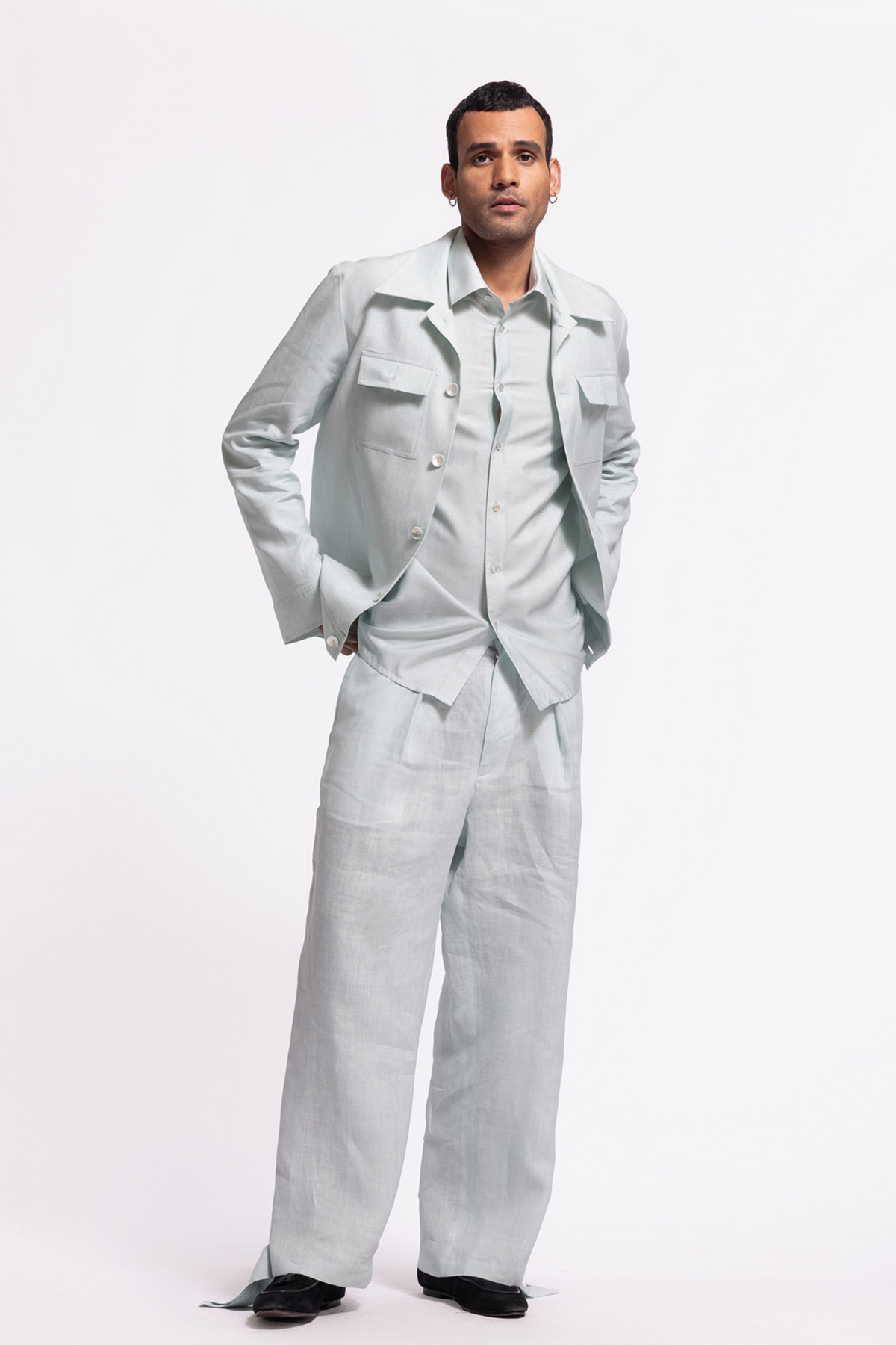 Blue Linen Jacket With Pockets