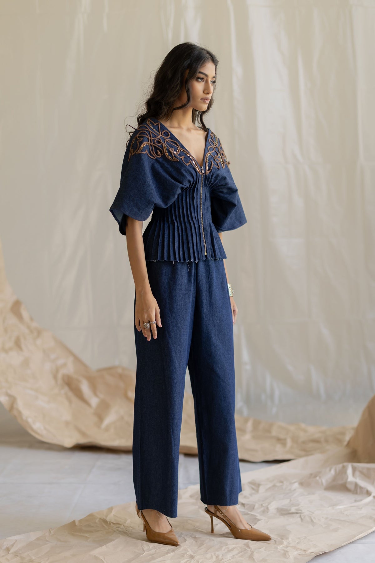 Dark Blue Wasit Pleated Top