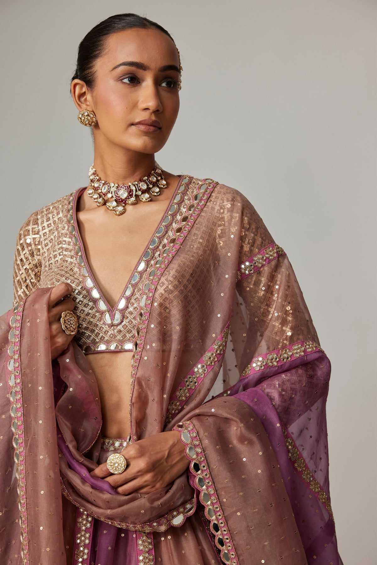 Mauve Beige Multicolor Lehenga Set