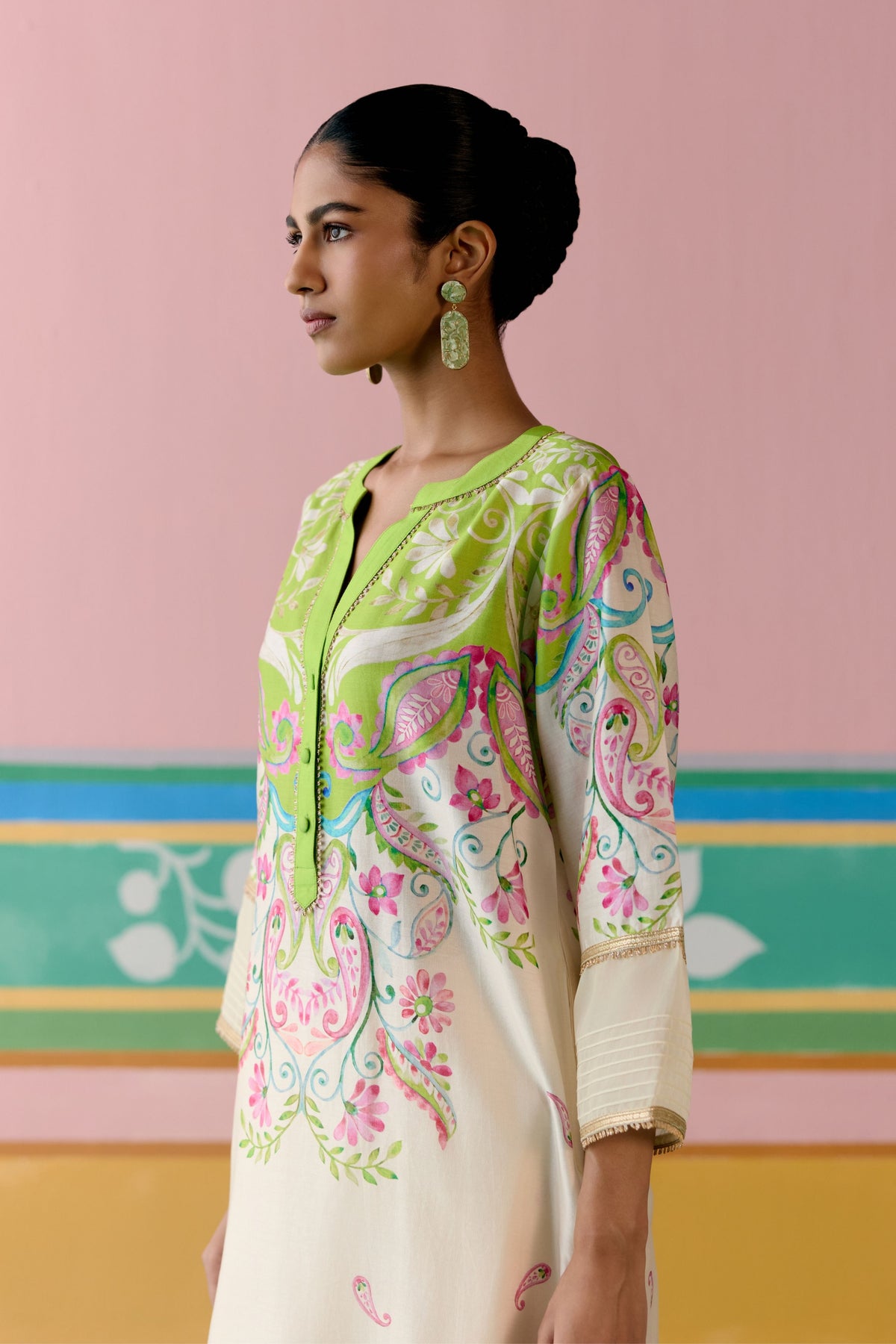 Lime Green Paisley V-neck Kurta Set